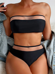 Bandeau Mesh Sheer Mid Waist Two Piece Swim Sets