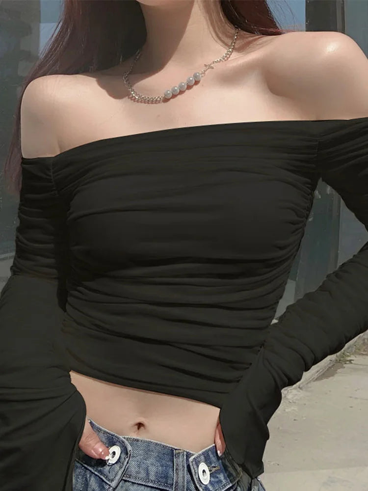 Mesh Patchwork Ruched Off-Shoulder Strapless Secondary image