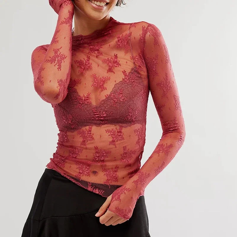 Mesh Long Sleeve Sheer Top