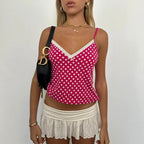 Vintage Polka Dot Lace Trim V Neck Cami Top