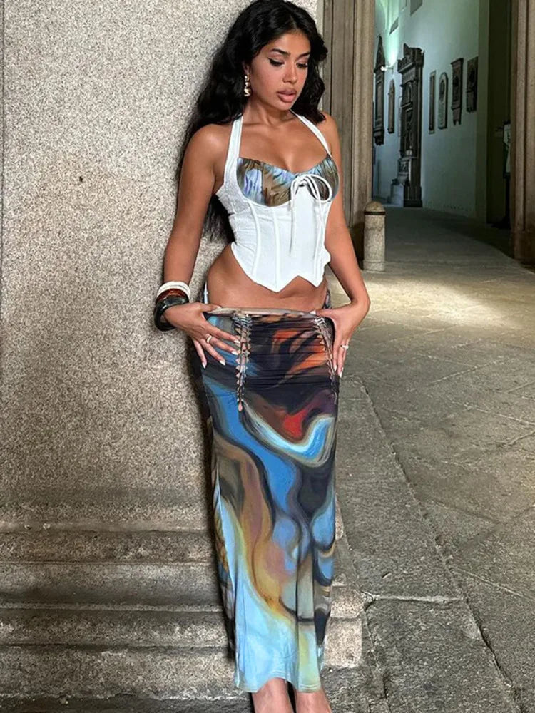 Lace-up Print Maxi Skirt Knit Set Main image