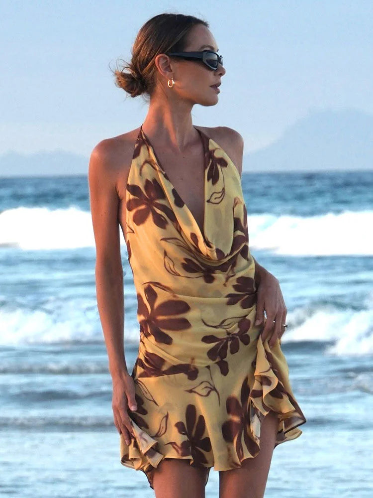 Contrast Print Lace-Up V Neck Mini Dress Secondary image