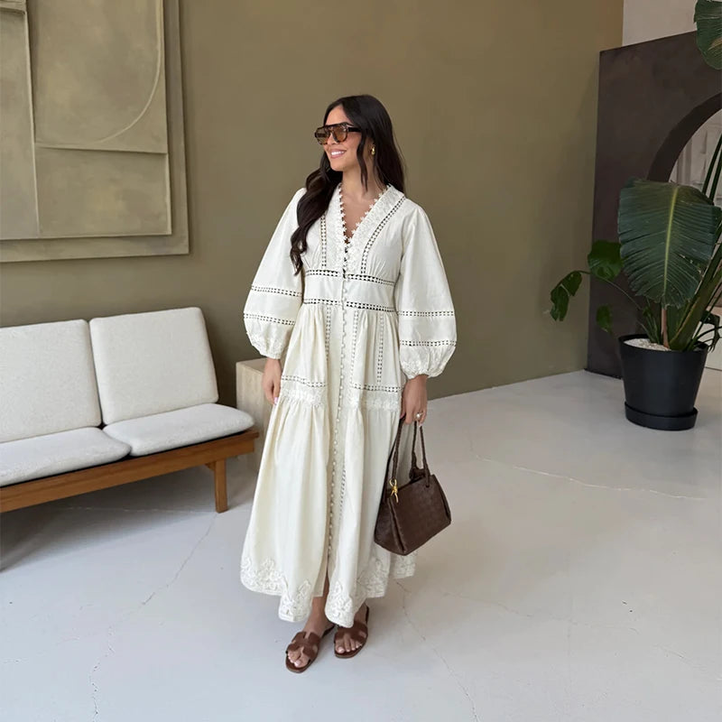 Hollow Lace V-neck Patchwork Maxi Midi Dress