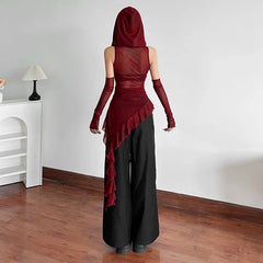 Cyber Grunge Mesh See Through Hooded Sheer Top