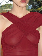 Crisscross Shirring Mesh Sheer Top
