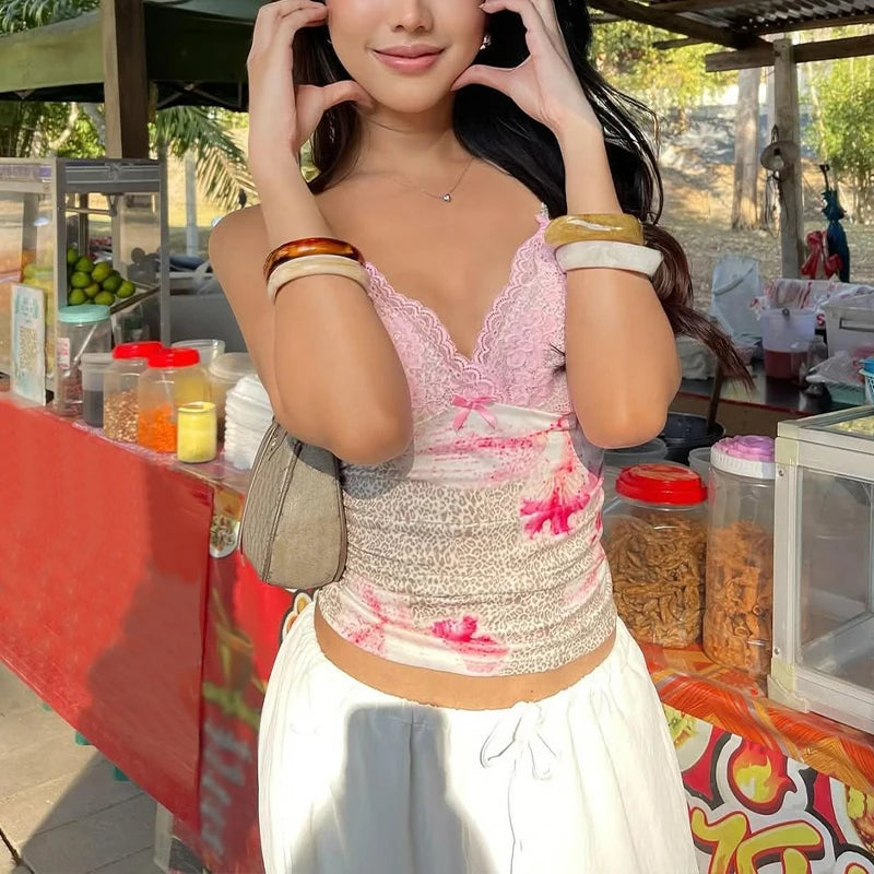 Casual Lace Print Halter Mesh Sheer Top Secondary image