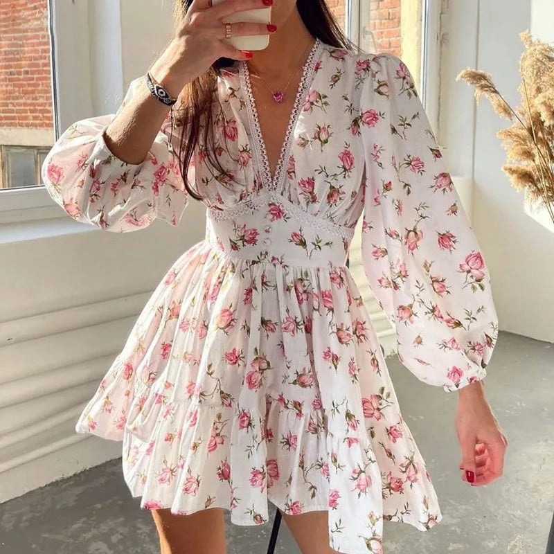 V-neck Lace Edge Midi Floral Dress Main image