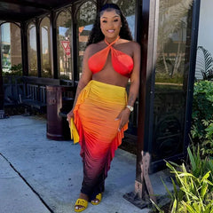 Gradient Halter Crop Top Ruffles Three Piece Swim Sets