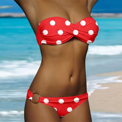 Ruched White Dot Print Two Piece Swim Sets