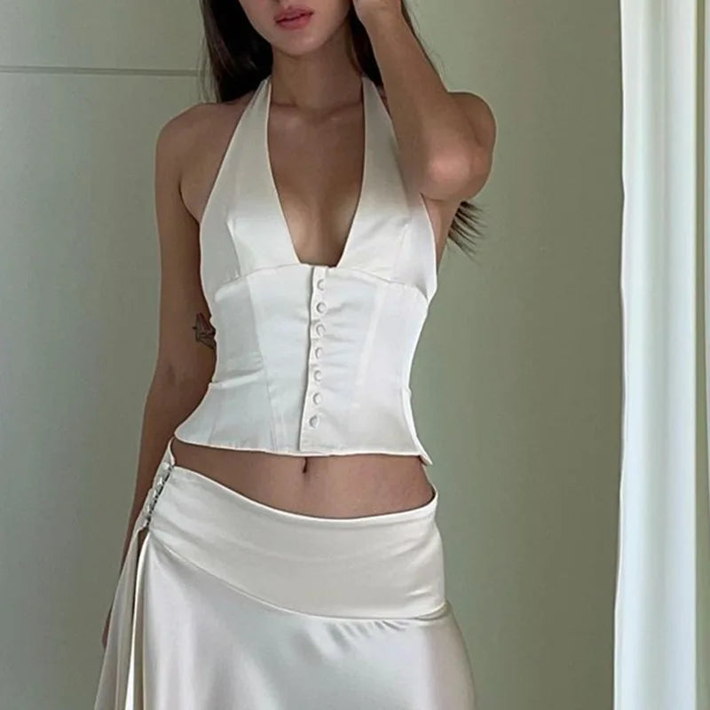 Satin V-neck Halter Solid Cami Top Main image