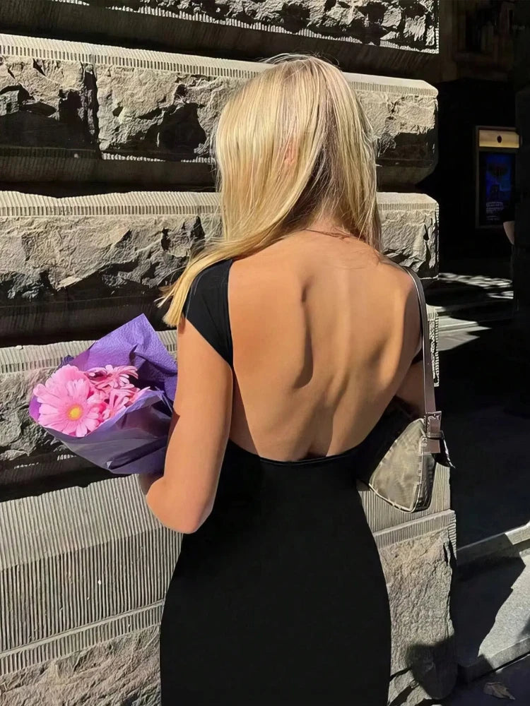Solid Short Sleeve Backless Maxi Dress Secondary image