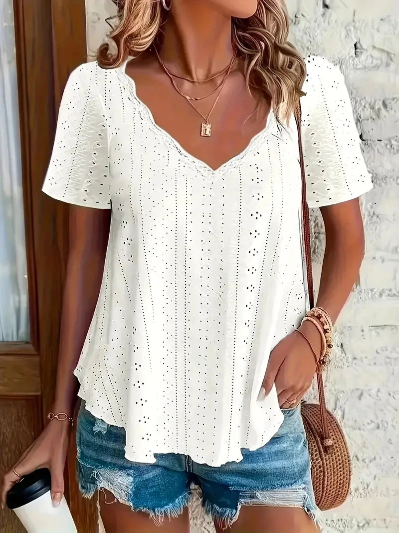 Eyelet Solid V-neck T-shirt Main image