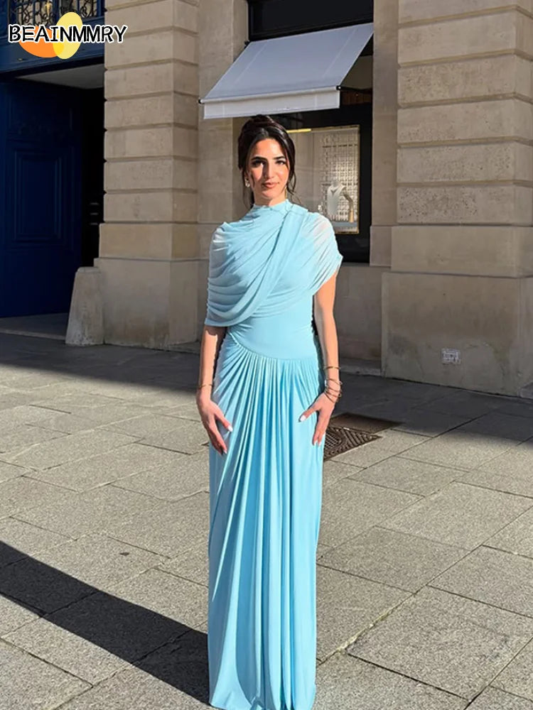 Pleated Stand Neck Blue Maxi Dress Main image