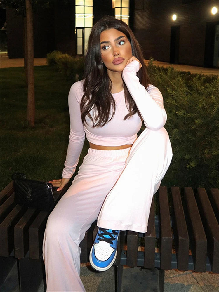 Basic Wide Leg Crew Neck Two Piece Pants Set
