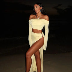 Solid High Split Bohemian Off Shoulder Two Piece Skirt Set