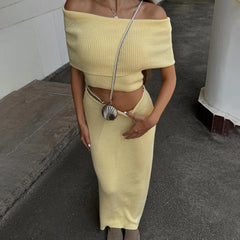 One Shoulder Slit Skirt Knit Set