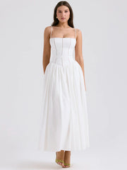 White Spaghetti Strap Backless Midi Dress