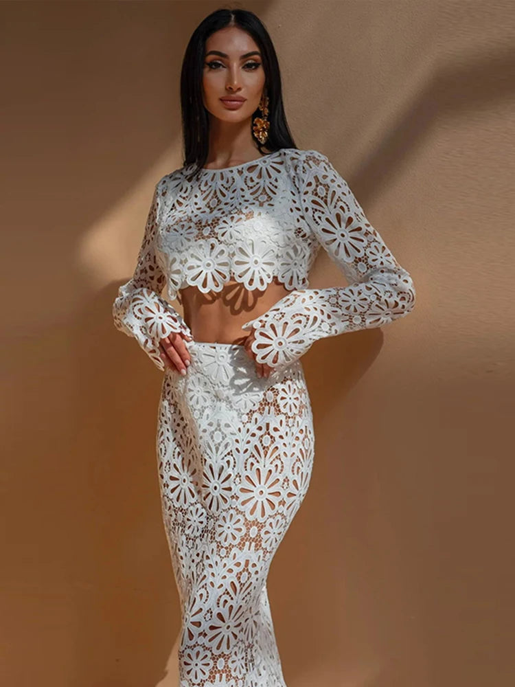 Crochet See Through Flare Sleeve Long Two Piece Skirt Set Secondary image