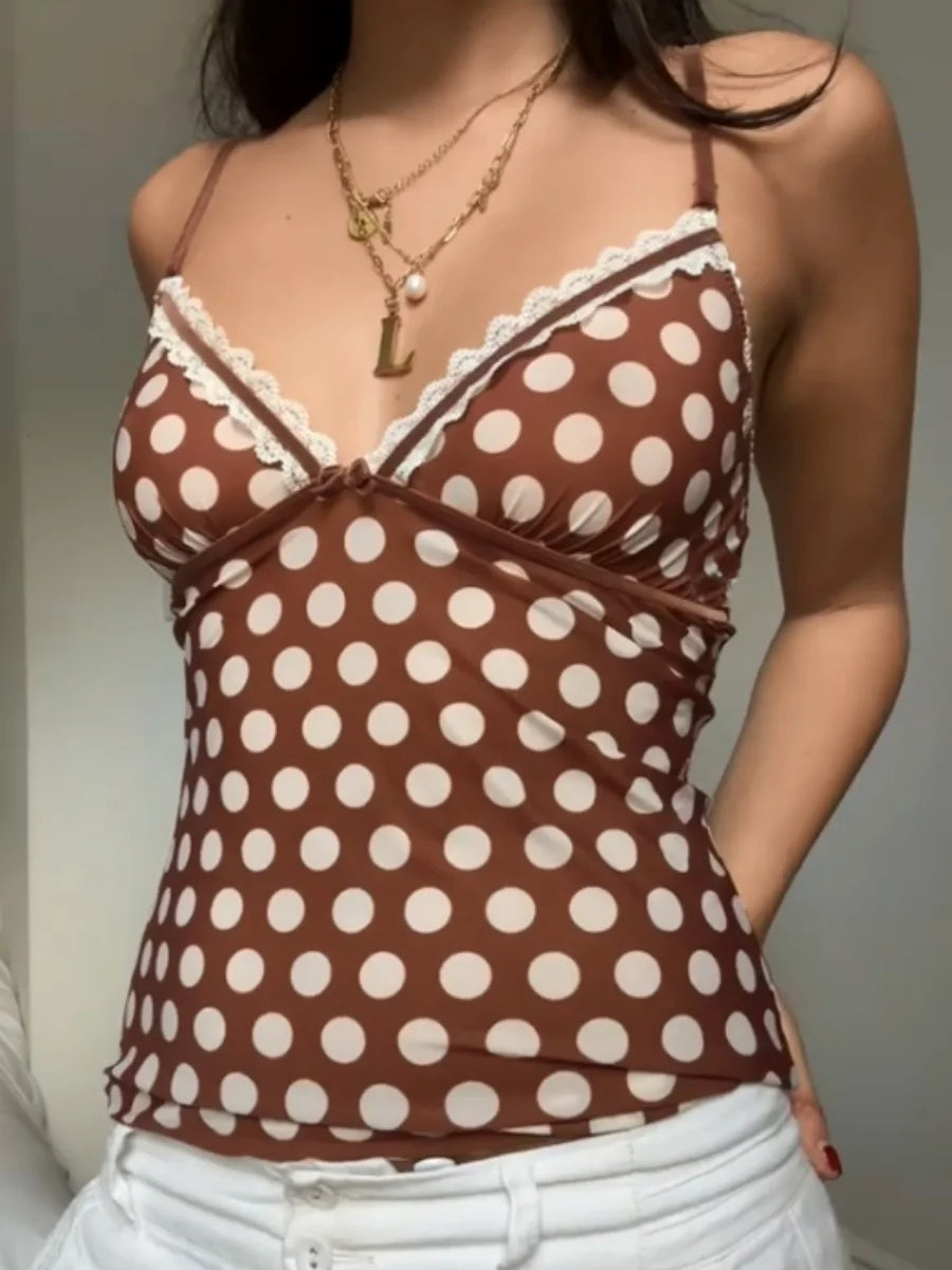 Y2K Plaid V Neck Polka Dot Backless Cami Top Main image