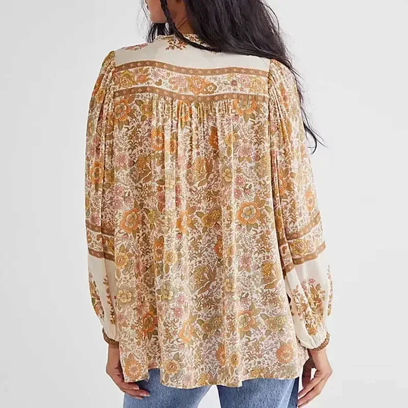 Super Chic Boho Floral Print V-neck Tassel Blouse Secondary image
