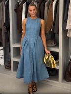 Denim Slim O-Neck Sleeveless High Waist Pleated Work Dress