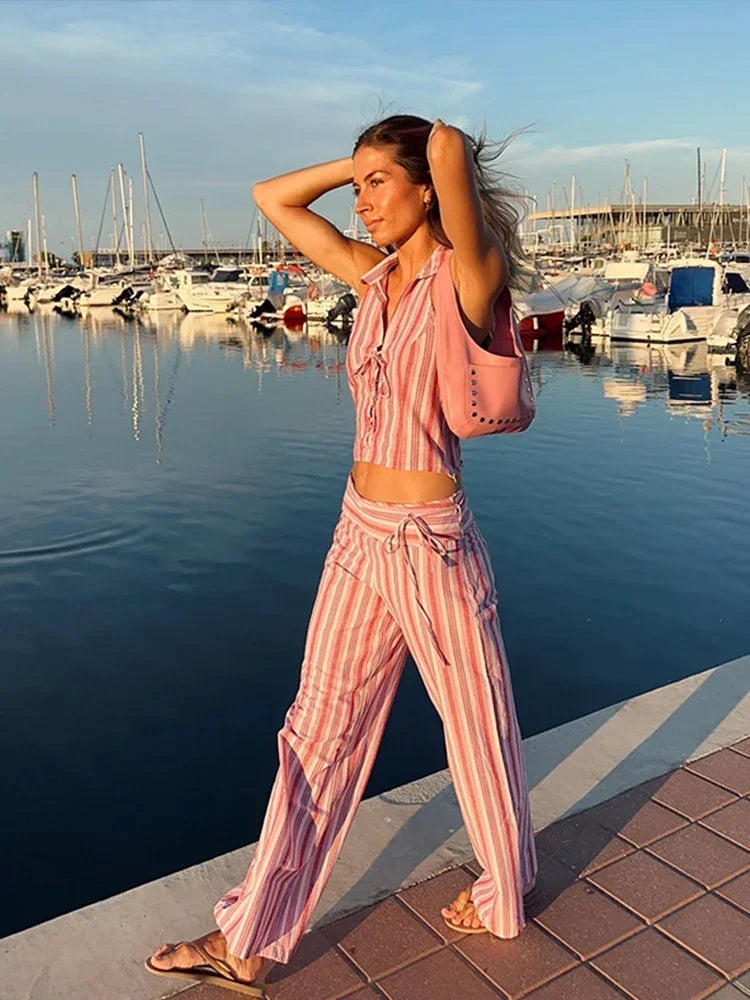 Striped Lace Up Backless Two Piece Pants Set Secondary image