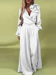 Satin Flower V-Neck Wide Leg Suit