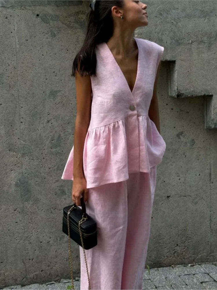 Pink Cotton Linen Ruffles Two Piece Pants Set Main image