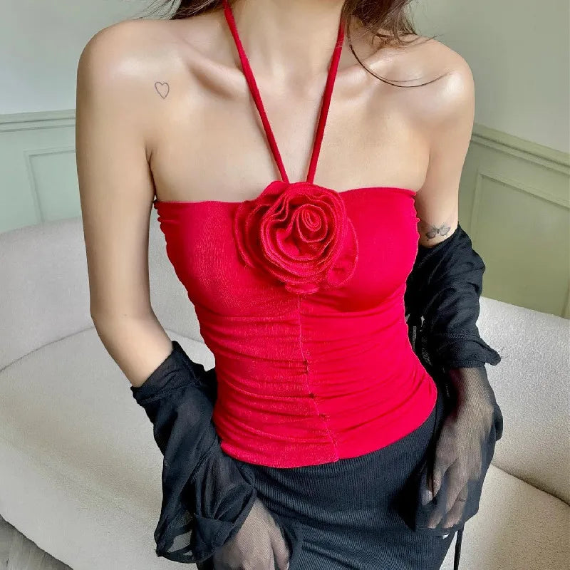 Pleated Flower Tube Sleeveless Cami Top