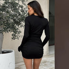 Floral Long Sleeve O-Neck Ruched Bodycon Work Dress