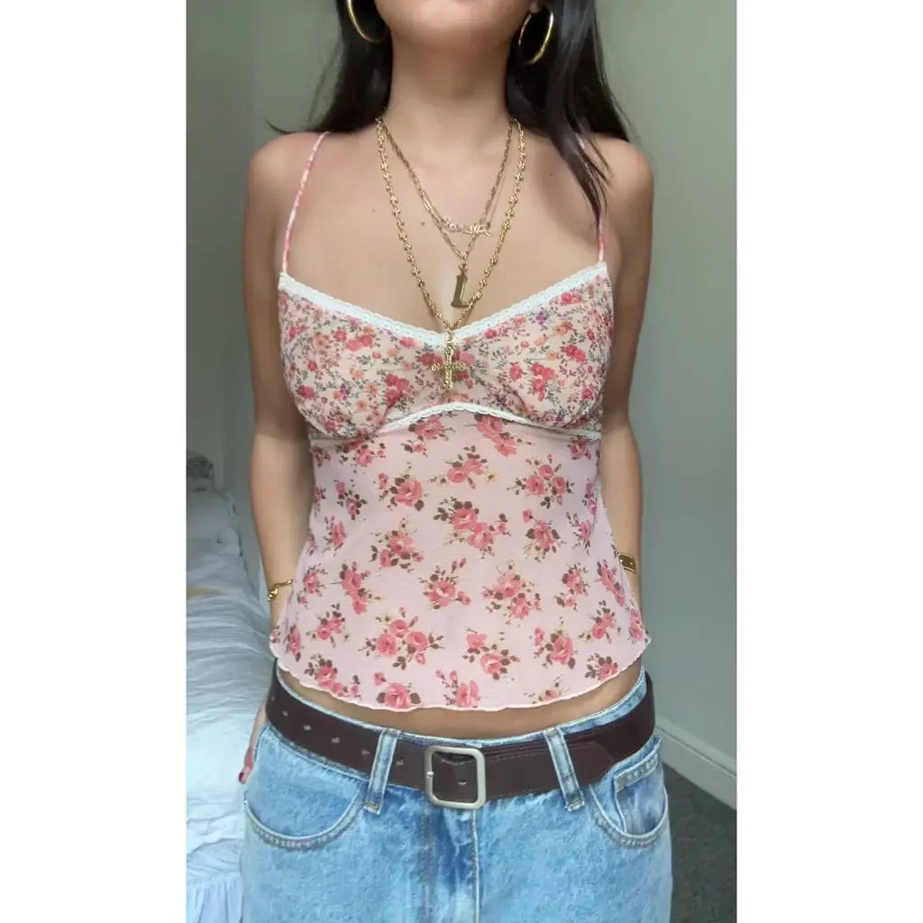 Y2K Adjustable Strap V-Neck Floral Patchwork Cami Top Secondary image