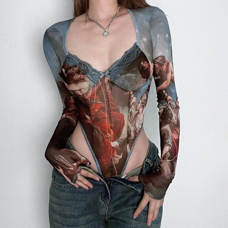 Colorblock Mesh Stitching Sheer Top Main image