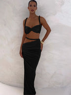 Orange Ruched Bandage Maxi Two Piece Skirt Set