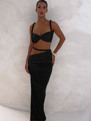 Orange Ruched Bandage Maxi Two Piece Skirt Set