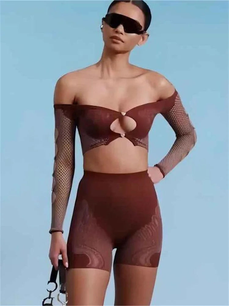 Diamond Off Shoulder Hollow Long Sleeve Top Two Piece Shorts Set Secondary image