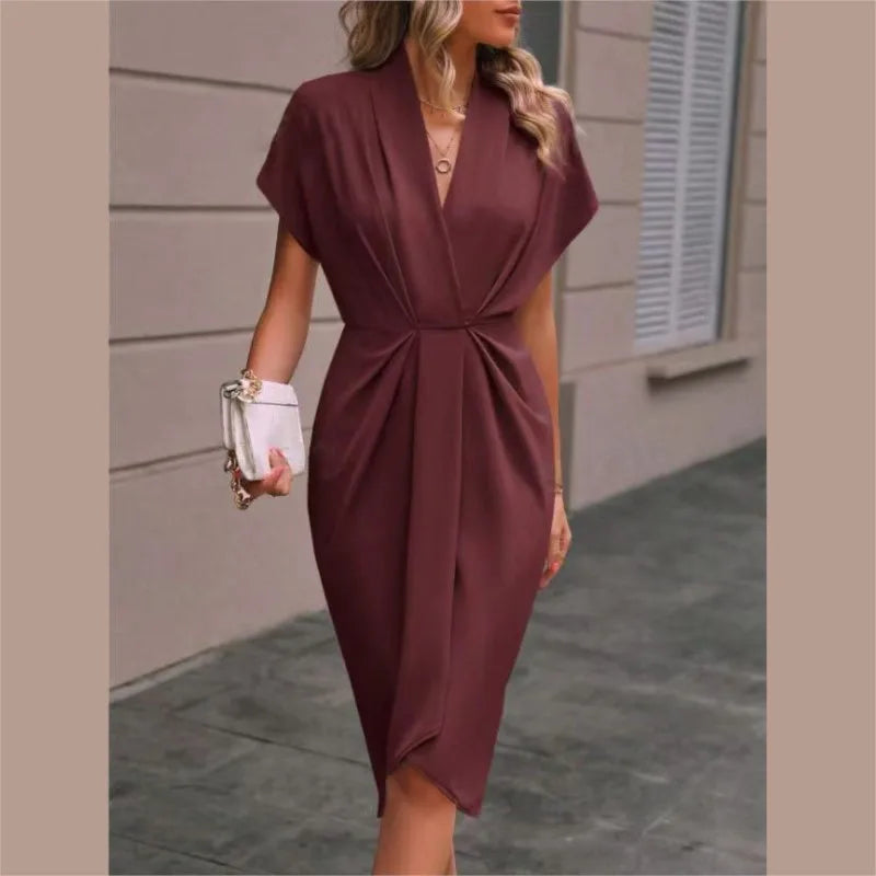 Short Sleeve Deep V Neck Draped High Waist Work Dress Main image