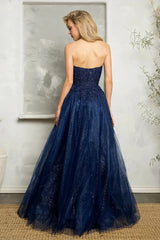 Navy Blue Lace Tulle Prom Dress