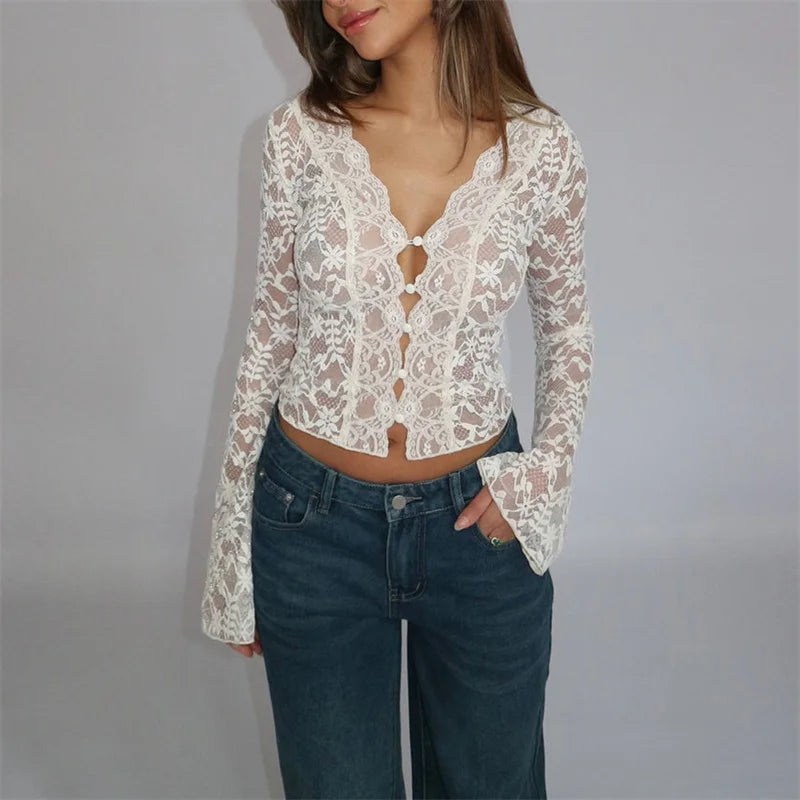 Floral White Lace Long Sleeve Sheer Top Secondary image