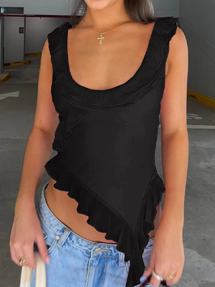 O-neck Ruffled Backless Irregular Cami Top