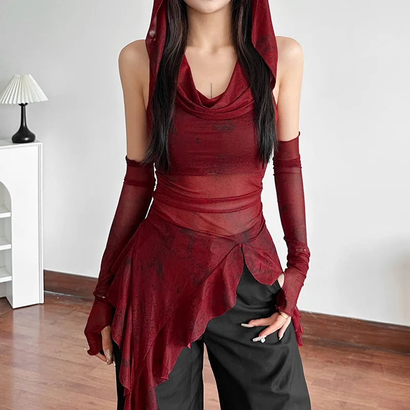 Cyber Grunge Mesh See Through Hooded Sheer Top Main image
