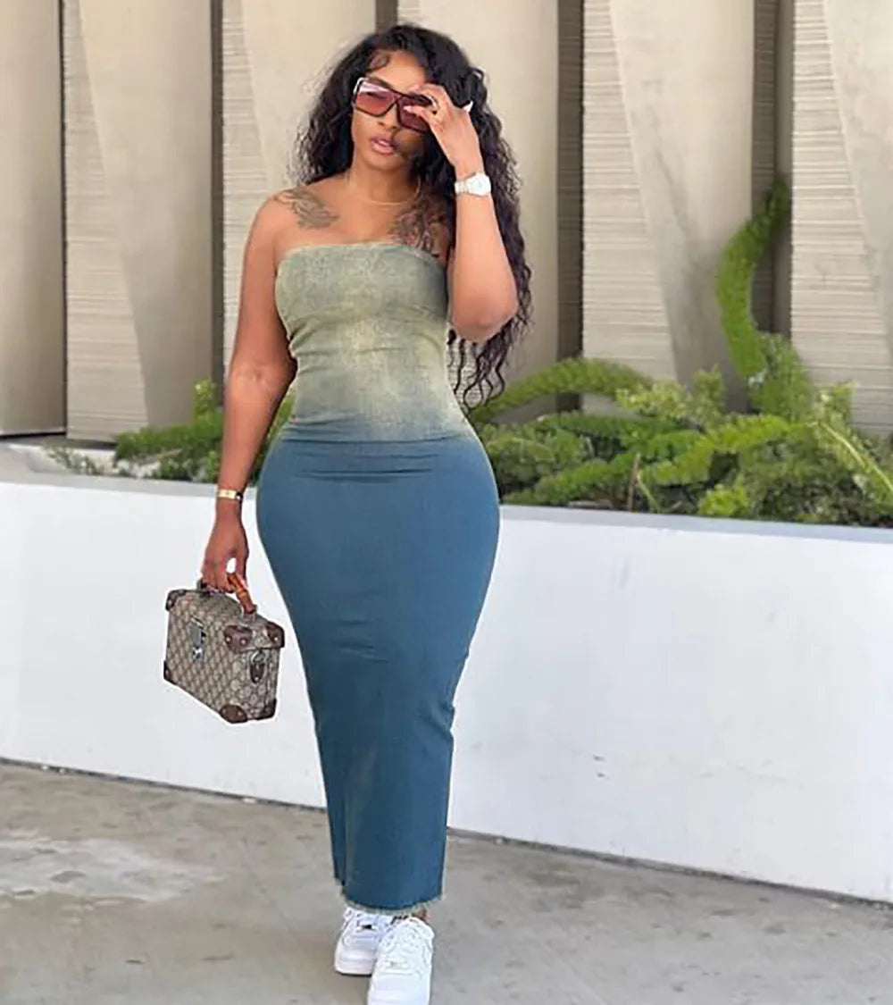 Gradient Denim Corset Slit Midi Dress Main image