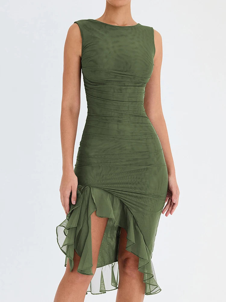 Elegant Ruffle Ruched Backless Midi Dress Main image