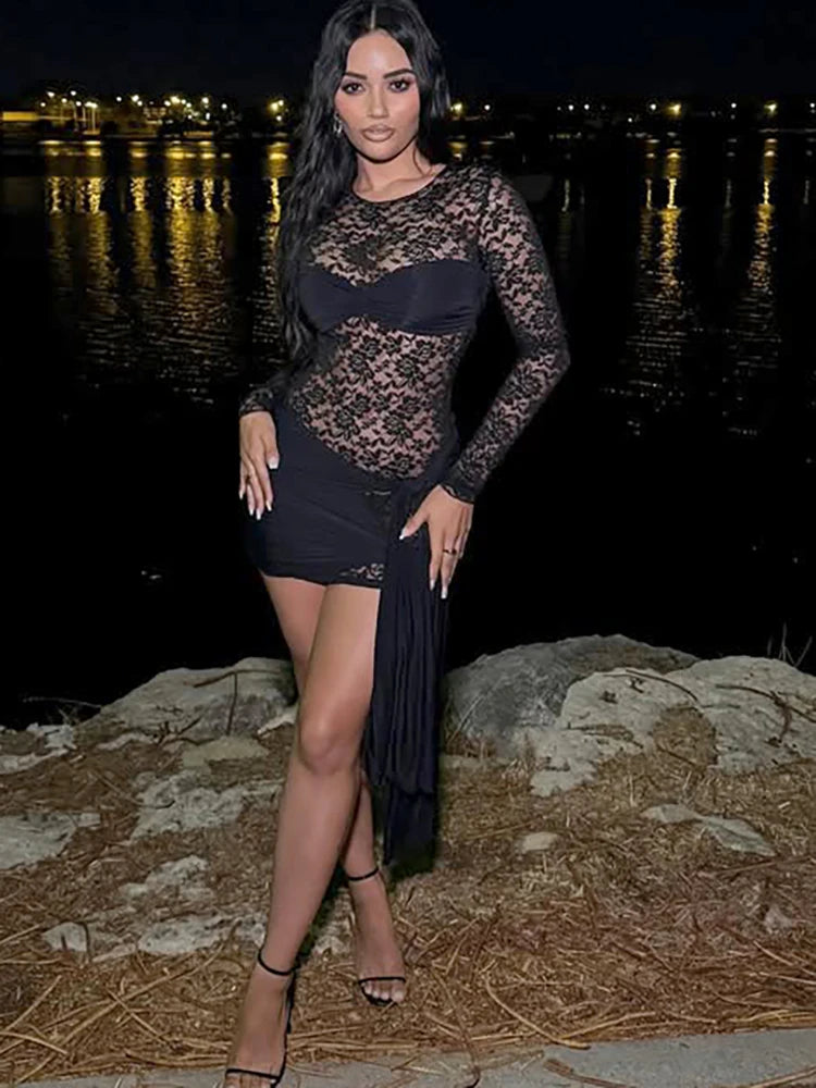 Bandage Round Neck Skinny Long Lace Dress