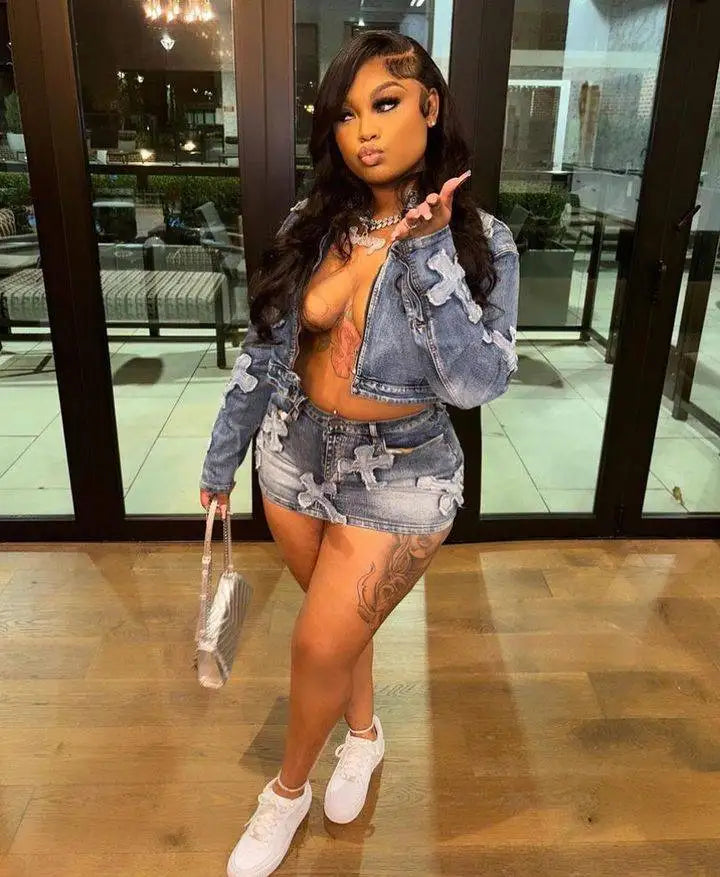 Denim Mini Cargo Elegant Jeans Club Two Piece Skirt Set Secondary image