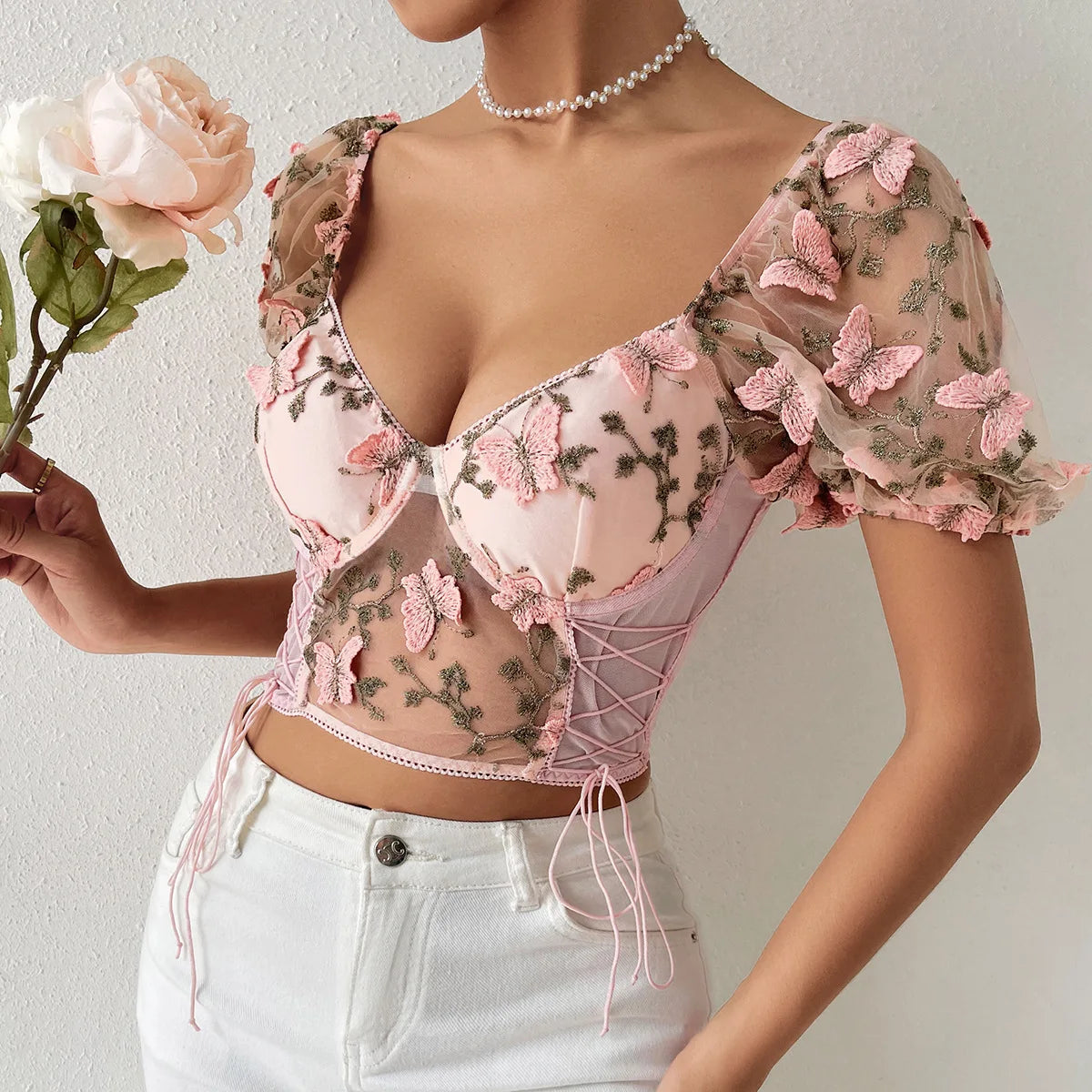 Puff Sleeve Mesh Patchwork Boho Crop Top Main image