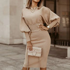 Lantern Sleeve O-Neck Solid Midi Autumn Office Work Dress