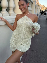 Beaded Halter Lace Up Tassel Mini Dress