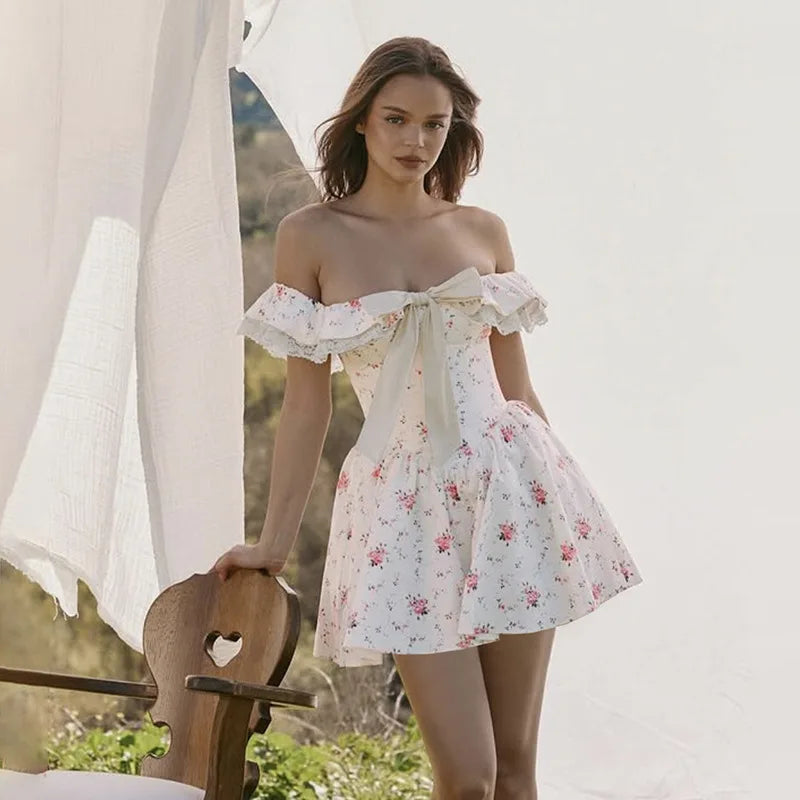 Pleated Wrap Print A-line Off Shoulder Summer Dress