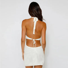 Hollow Knit V Neck Halter Mini Summer Dress