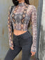 Casual Green Snake Print Mesh Sheer Top